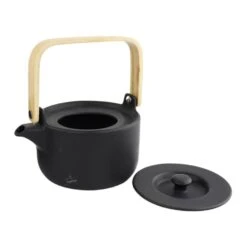 Orange85 Theepot Zwart Warmtehoudend 50cl Met 2 Kopjes Aardewerk Bamboe -Luxe Servieswinkel 1000033129 0110