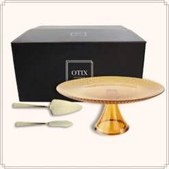 OTIX Taartplateau Met Taartschep Goud Met Voet 28cm Amber Kleur Glas -Luxe Servieswinkel 1f56b7ef959245aeb057bad9e2cf5449