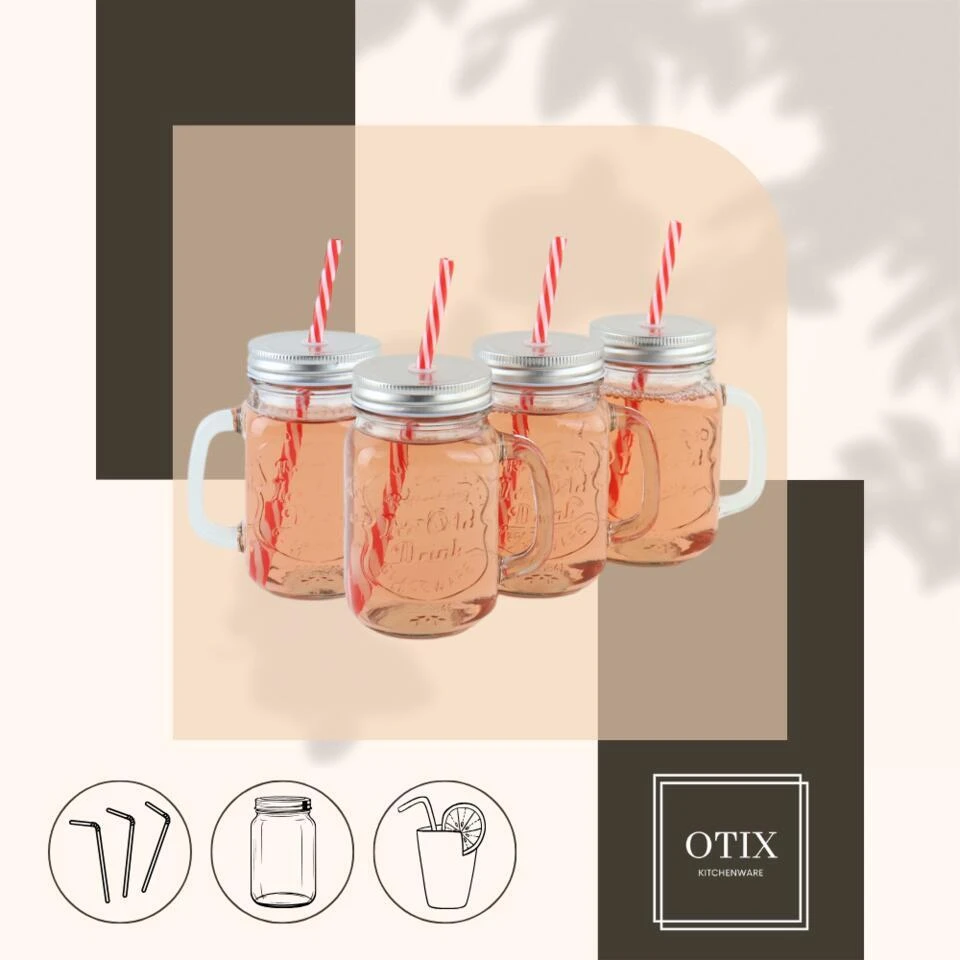 OTIX Mason Jar Drinkbeker Met Rietje Set Van 4 Zilvere Dop 450 Ml 8 OTIX Mason Jar Drinkbeker Met Rietje Set Van 4 Zilvere Dop 450 Ml - Afbeelding 8
