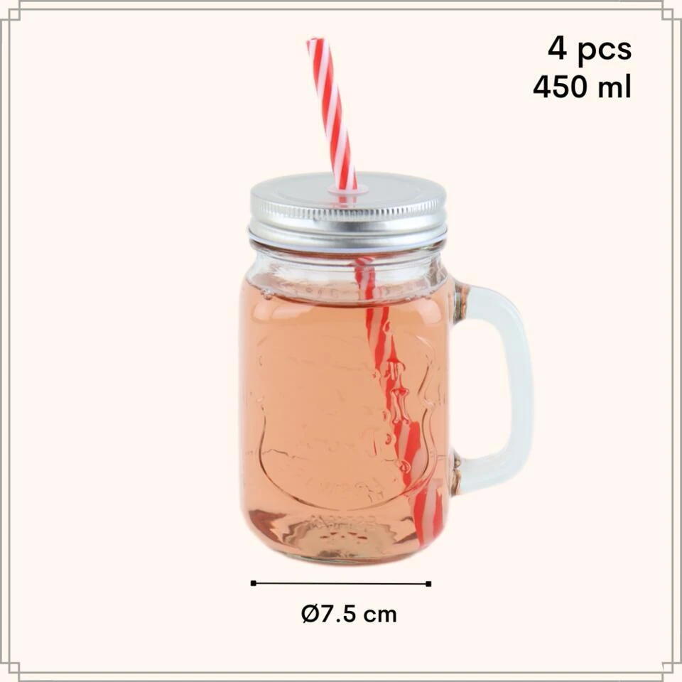 OTIX Mason Jar Drinkbeker Met Rietje Set Van 4 Zilvere Dop 450 Ml 5 OTIX Mason Jar Drinkbeker Met Rietje Set Van 4 Zilvere Dop 450 Ml - Afbeelding 5